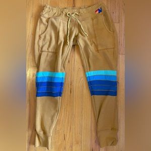 Aviator Nation Sweatpants Women’s size XS Mustard Yellow Moto 5 Stripe Blue